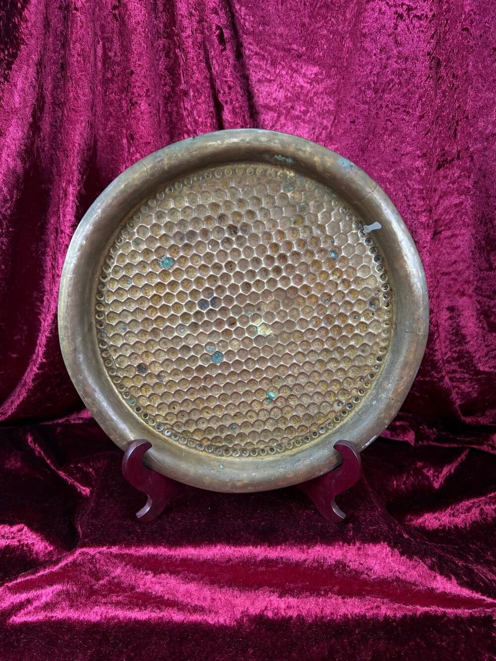Vintage Brass Tray - Hammered Honeycomb Pattern Round Serving Platter
